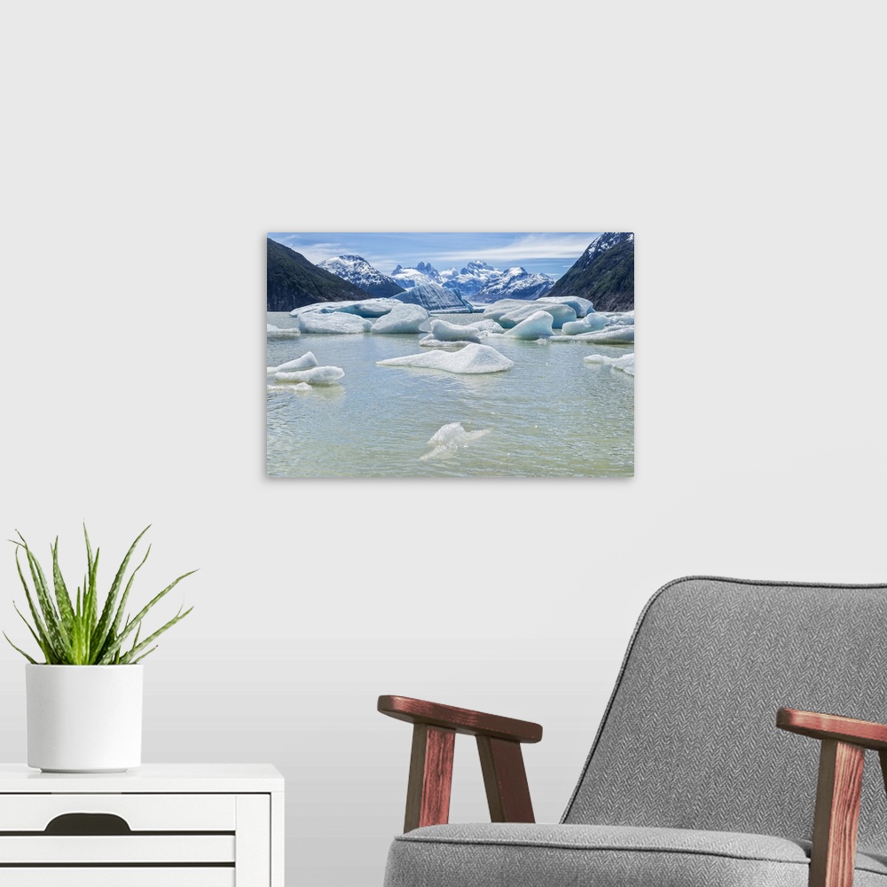A modern room featuring Glacial lake with small icebergs floating, Laguna San Rafael National Park, Aysen Region, Patagon...