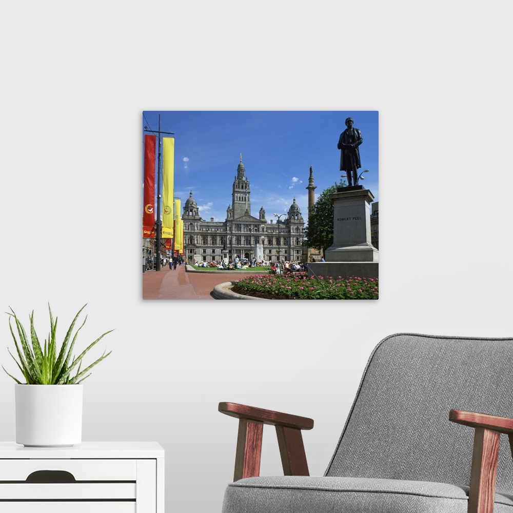 A modern room featuring Glasgow Town Hall and monument to Robert Peel, Glasgow, Strathclyde, Scotland
