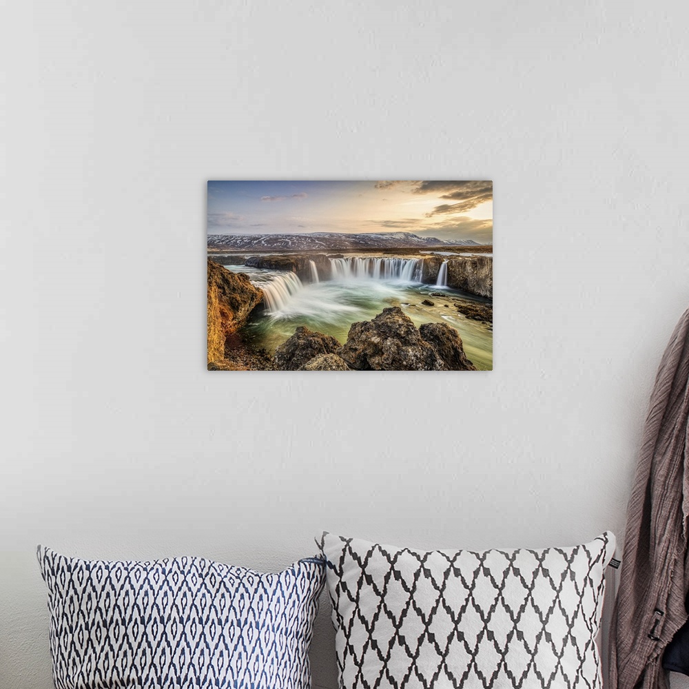 A bohemian room featuring Godafoss waterfall at sunrise, Northern Iceland, Polar Regions
