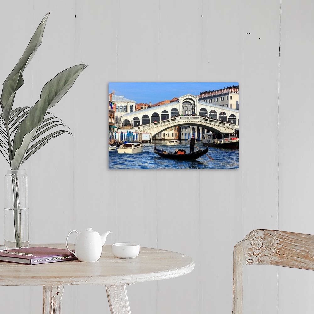 A farmhouse room featuring Gondola on Grand Canal and Rialto Bridge in winter, Venice, Veneto, Italy