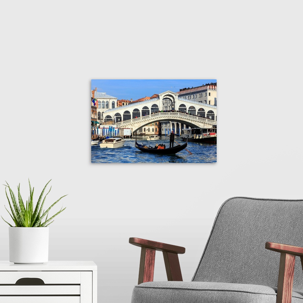 A modern room featuring Gondola on Grand Canal and Rialto Bridge in winter, Venice, Veneto, Italy