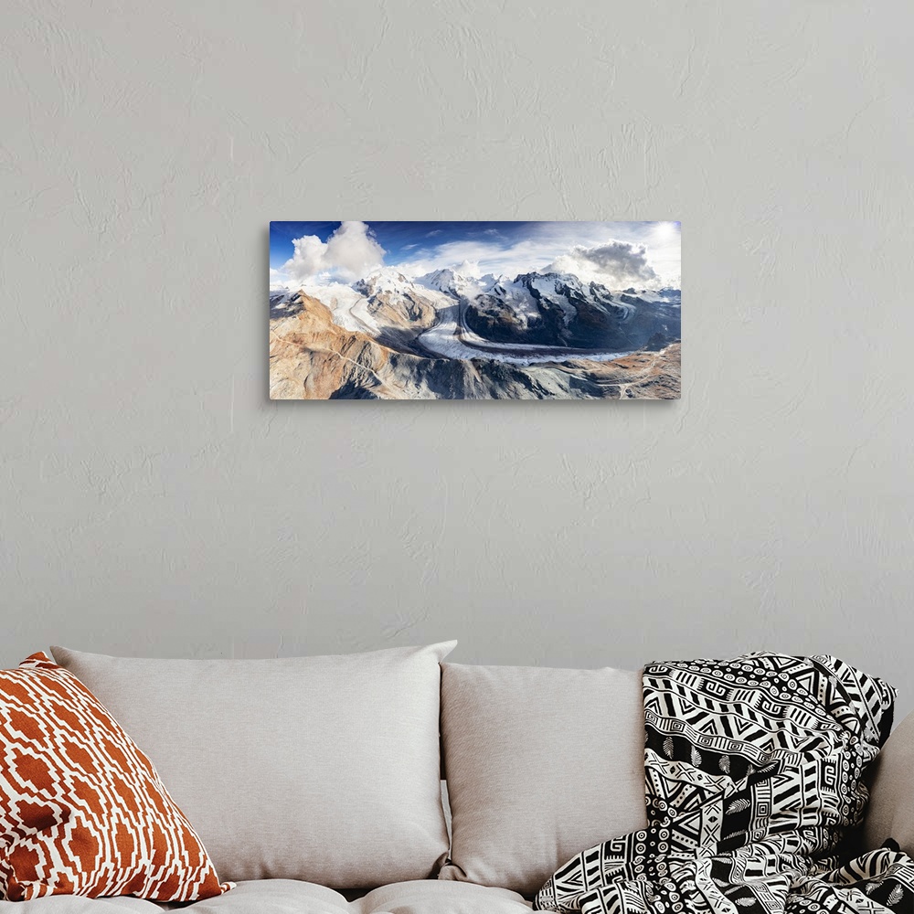 A bohemian room featuring Aerial panoramic view of Gorner Glacier, Lyskamm, Monte Rosa, Castor and Pollux mountains, Zermat...