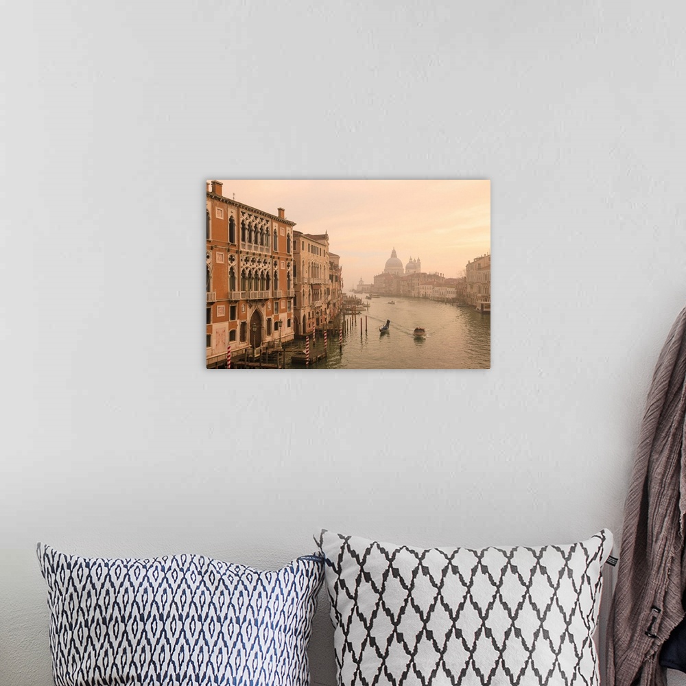 A bohemian room featuring Beautiful Grand Canal, winter fog, morning golden light, Santa Maria della Salute, Venice, UNESCO...
