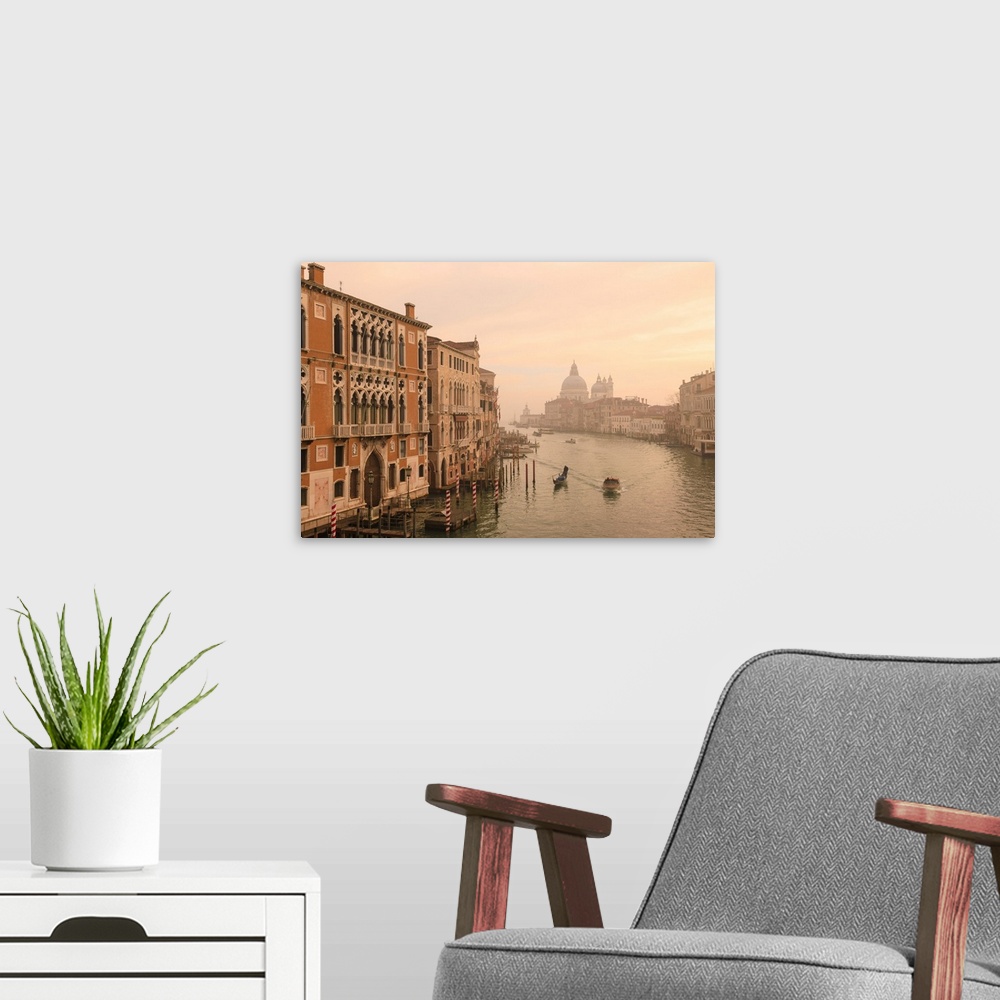 A modern room featuring Beautiful Grand Canal, winter fog, morning golden light, Santa Maria della Salute, Venice, UNESCO...