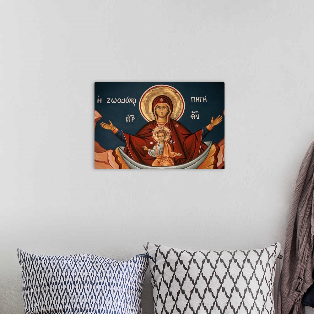 A bohemian room featuring Greek Orthodox icon depicting Mary as a well of life, Thessalonica, Macedonia, Greece, Europe.