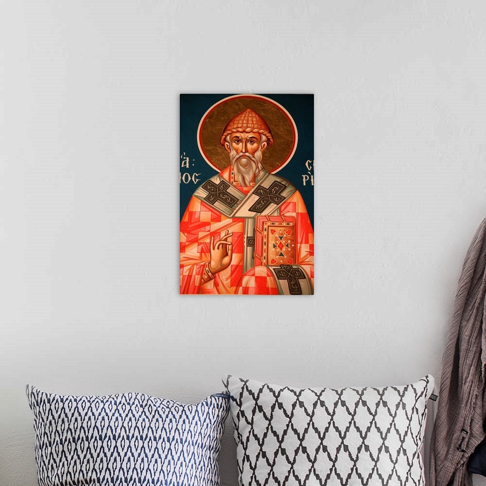 A bohemian room featuring Greek Orthodox icon depicting Saint Spiridon, Thessaloniki, Macedonia, Greece