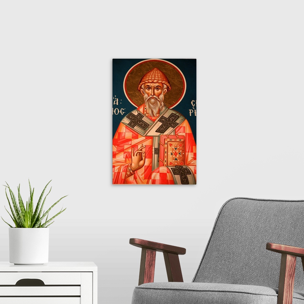 A modern room featuring Greek Orthodox icon depicting Saint Spiridon, Thessaloniki, Macedonia, Greece