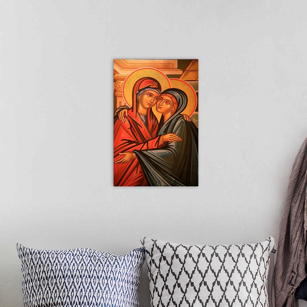 A bohemian room featuring Greek Orthodox icon depicting the Visitation, Thessaloniki, Macedonia, Greece