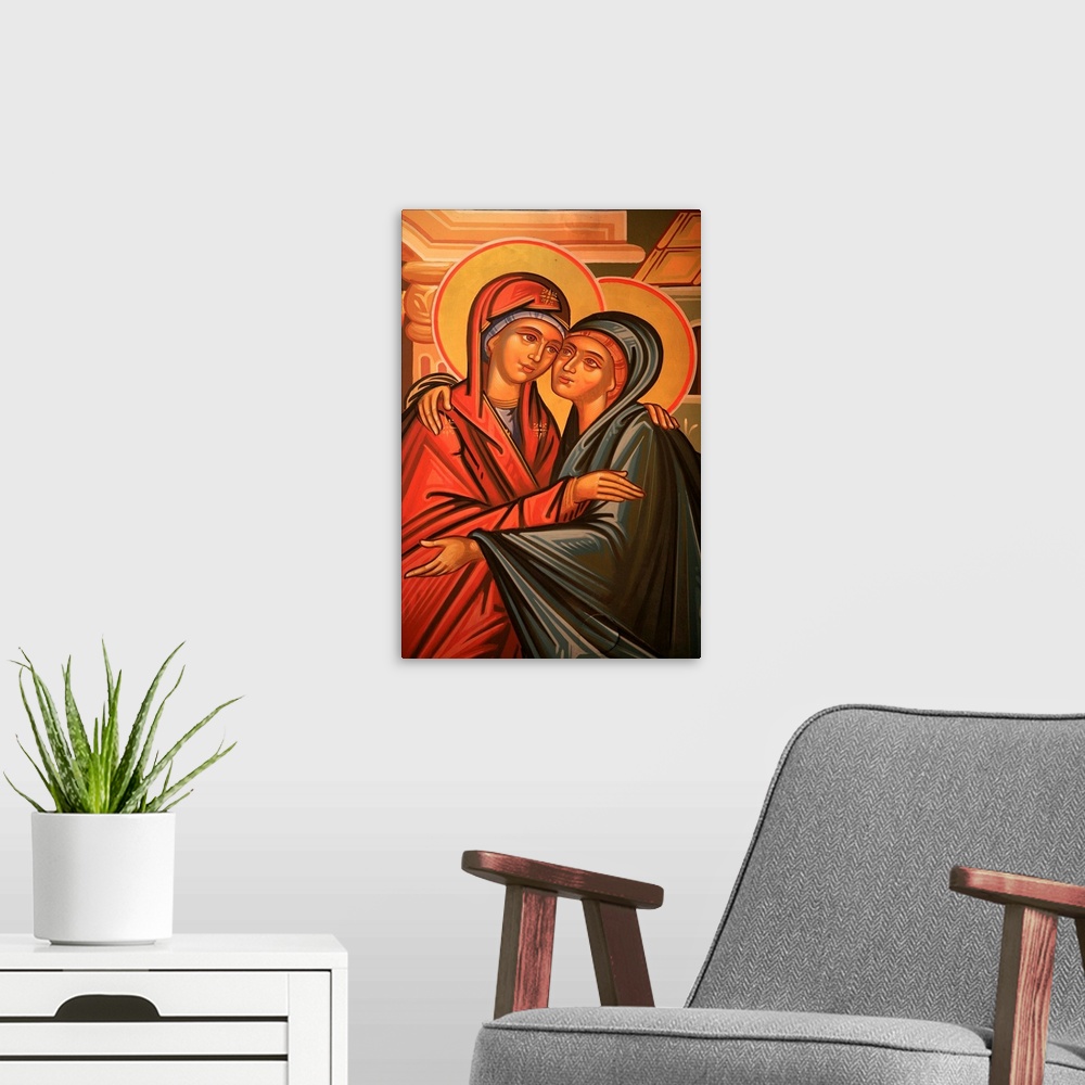 A modern room featuring Greek Orthodox icon depicting the Visitation, Thessaloniki, Macedonia, Greece