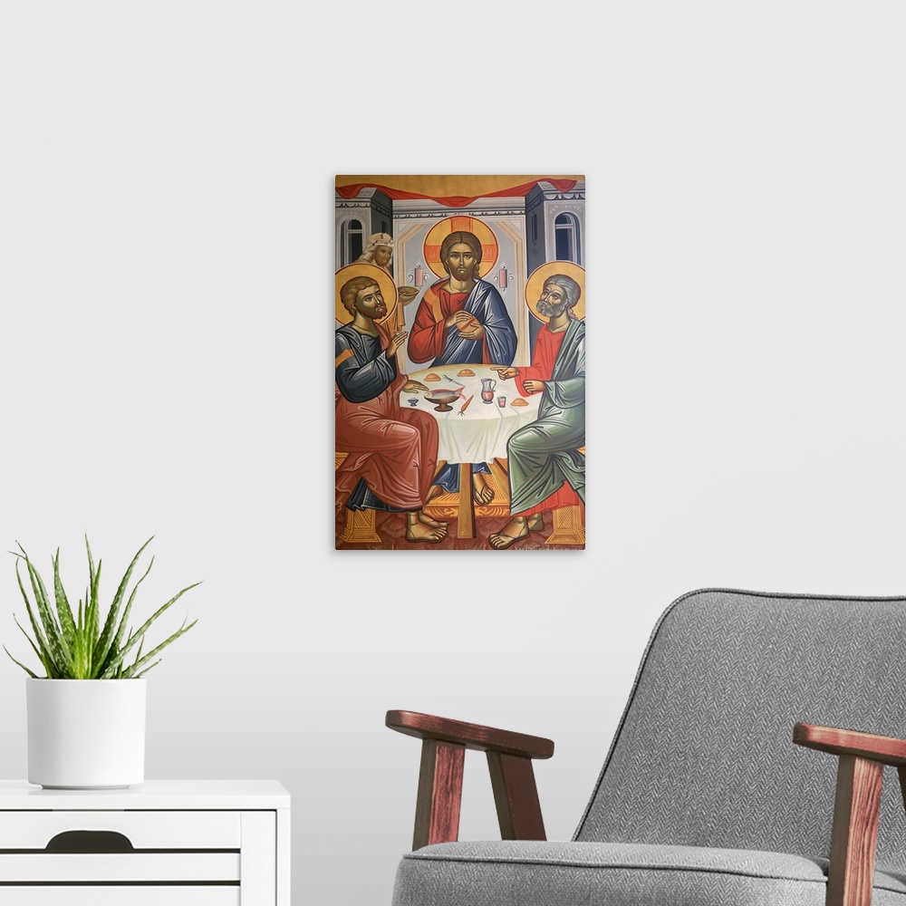 A modern room featuring Greek Orthodox Trinity icon, Thessaloniki, Macedonia, Greece
