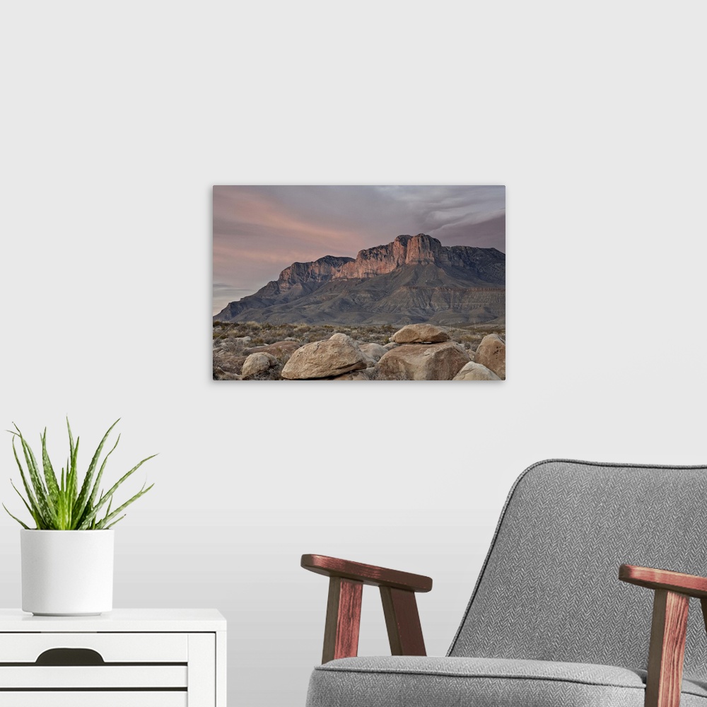 A modern room featuring Guadalupe Peak and El Capitan at sunset, Guadalupe Mountains National Park, Texas