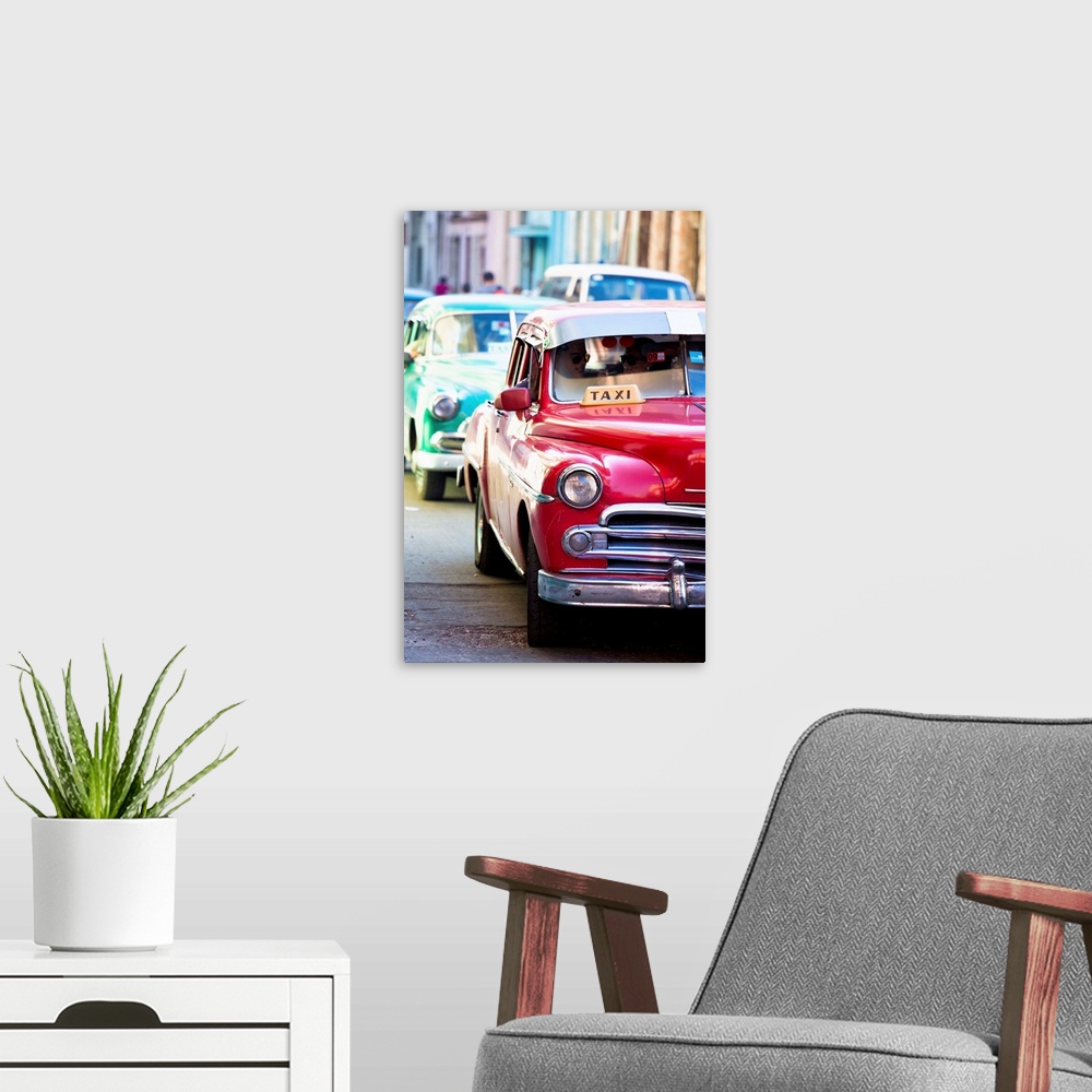 A modern room featuring Vintage American cars used as local taxis, driving down Avenue Colon during afternoon rush hour, ...