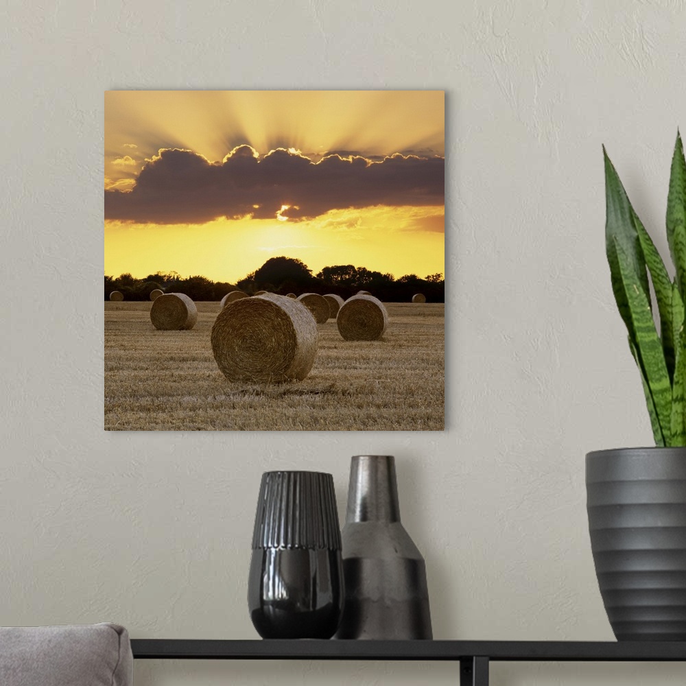 A modern room featuring Hay bales at sunset, East Sussex, England, UK