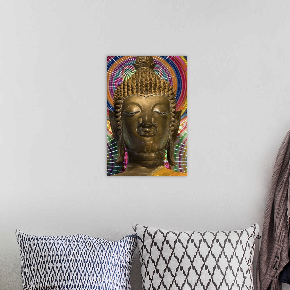 A bohemian room featuring Head of a statue of the Buddha, Wat Ong Teu, Vientiane, Laos, Indochina, Southeast Asia