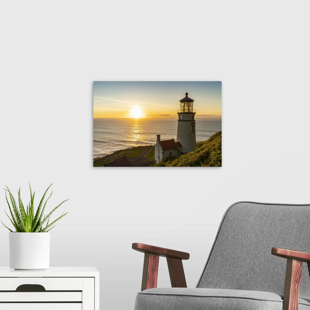 A modern room featuring Heceta Head Lighthouse at sunset, Florence, Lane county, Oregon, United States of America, North ...