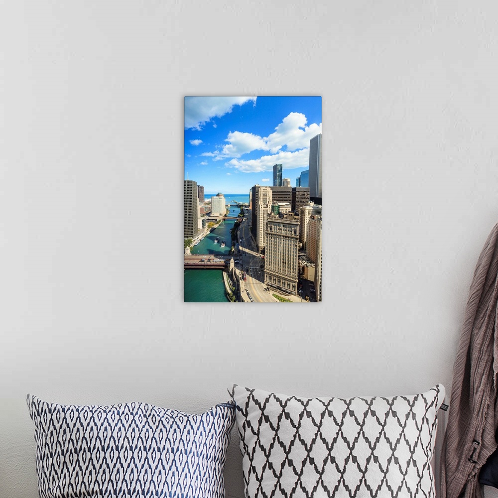 A bohemian room featuring High angle view of Chicago River and Lake Michigan, Chicago, Illinois