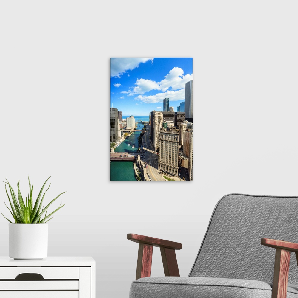 A modern room featuring High angle view of Chicago River and Lake Michigan, Chicago, Illinois