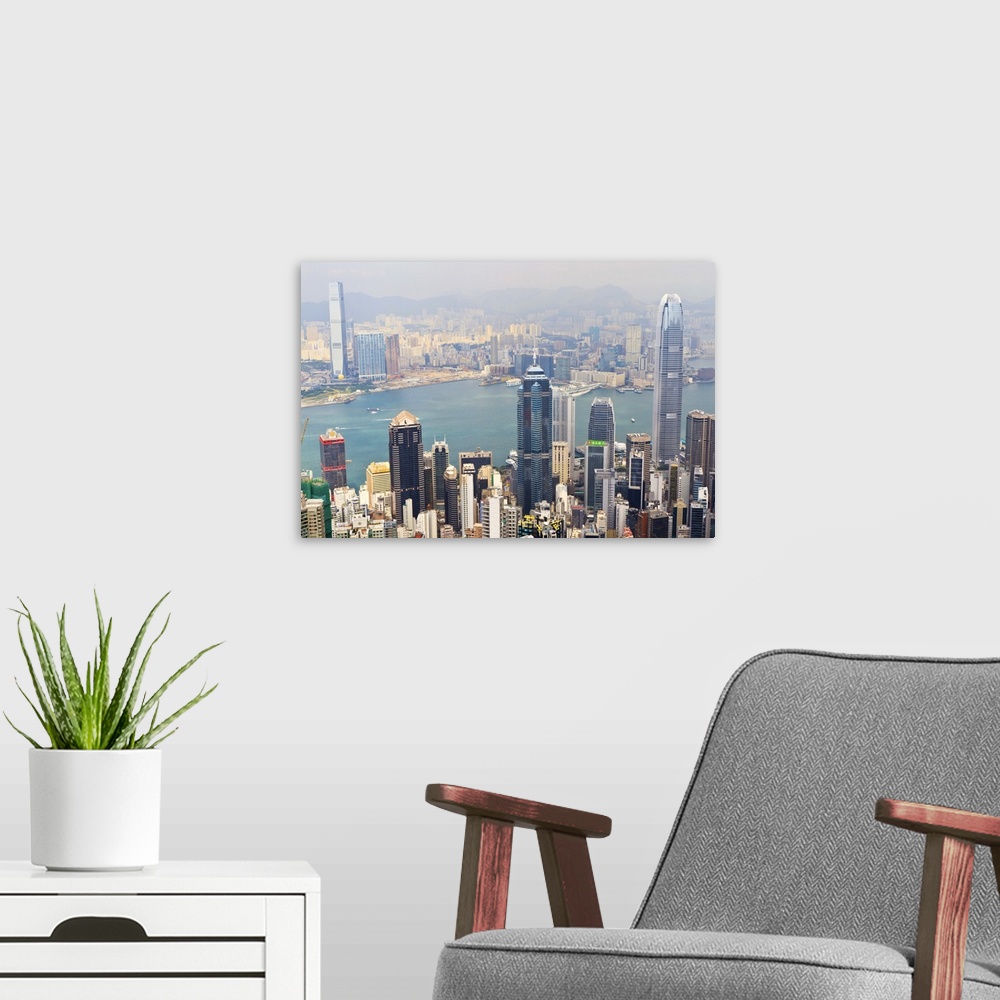 A modern room featuring High view of Hong Kong skyline and Victoria Harbour from Victoria Peak, Hong Kong, China