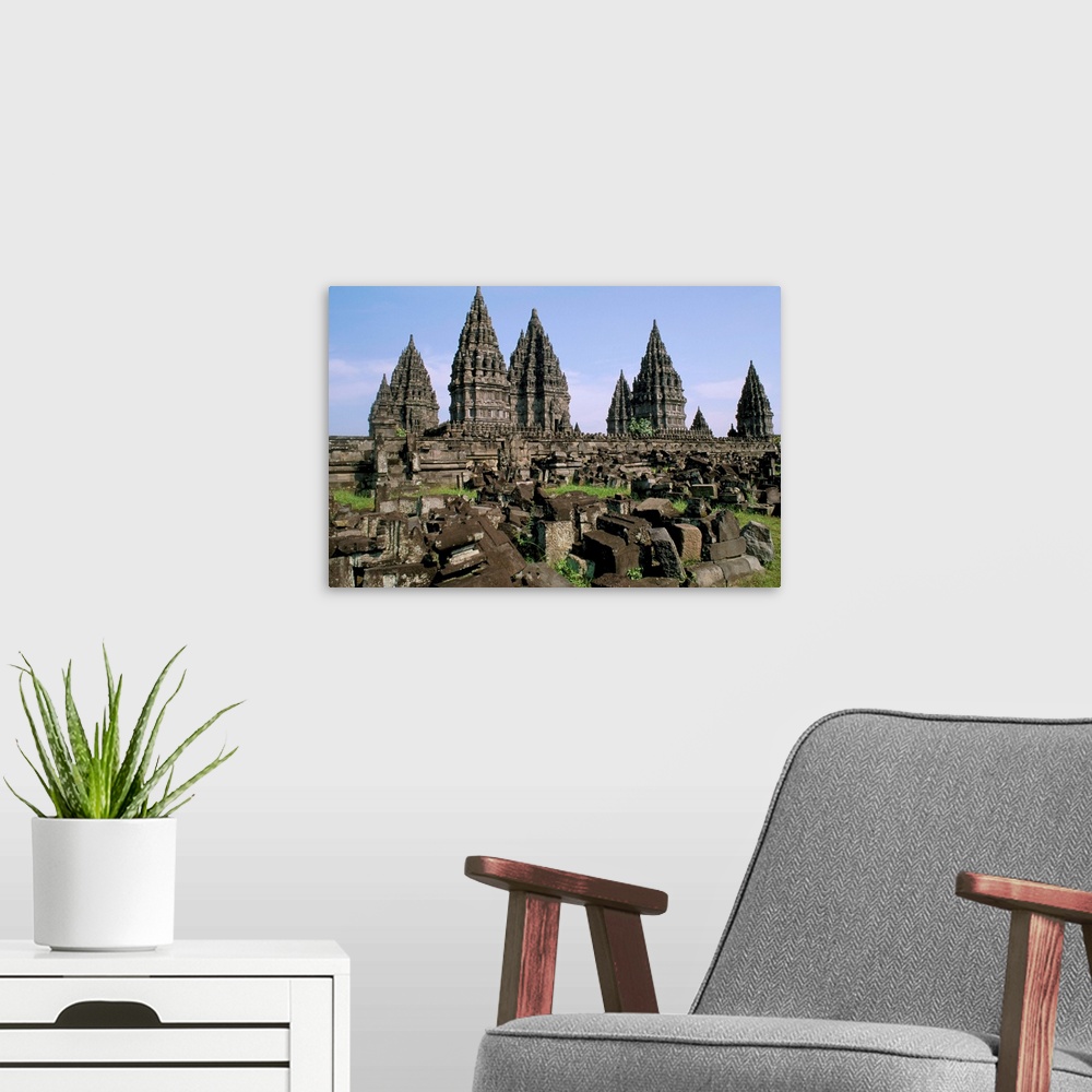 A modern room featuring Hindu temples of Candi Prambanan,  island of Java, Indonesia