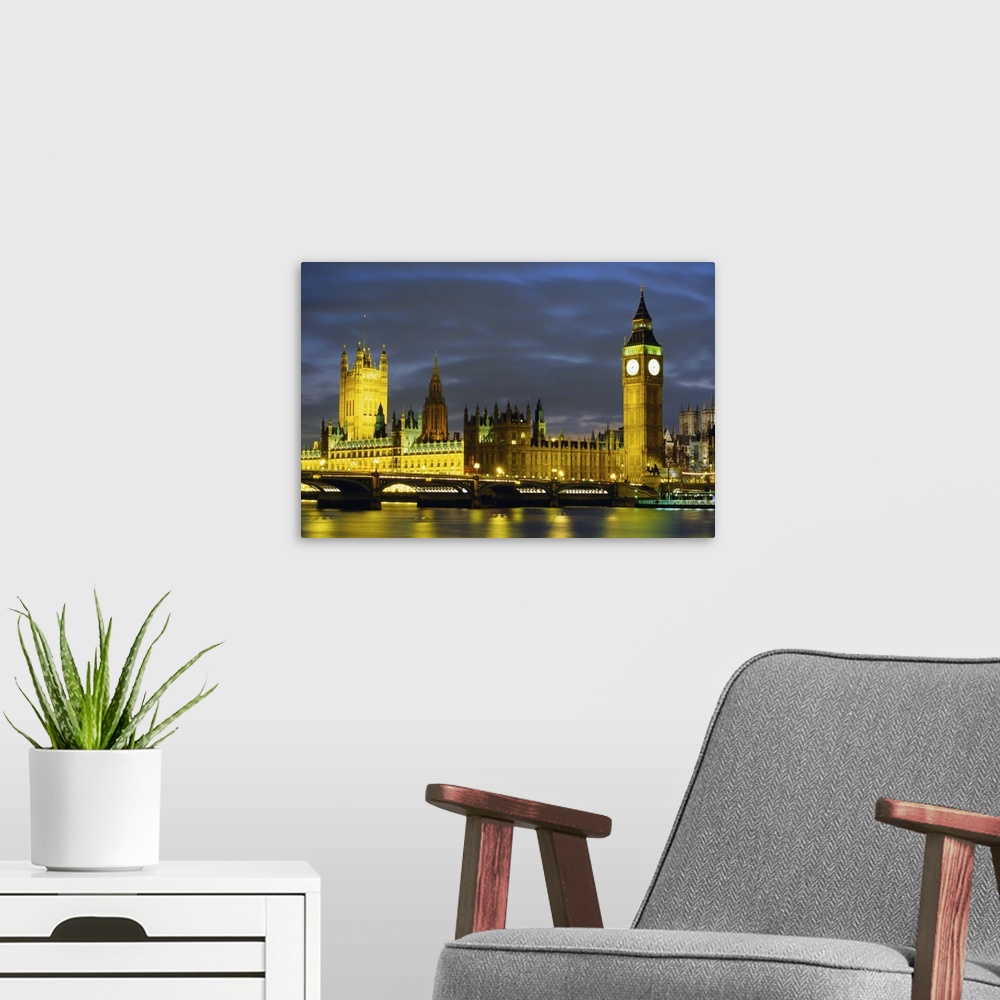 A modern room featuring Houses of Parliament at dusk, Westminster, London, England