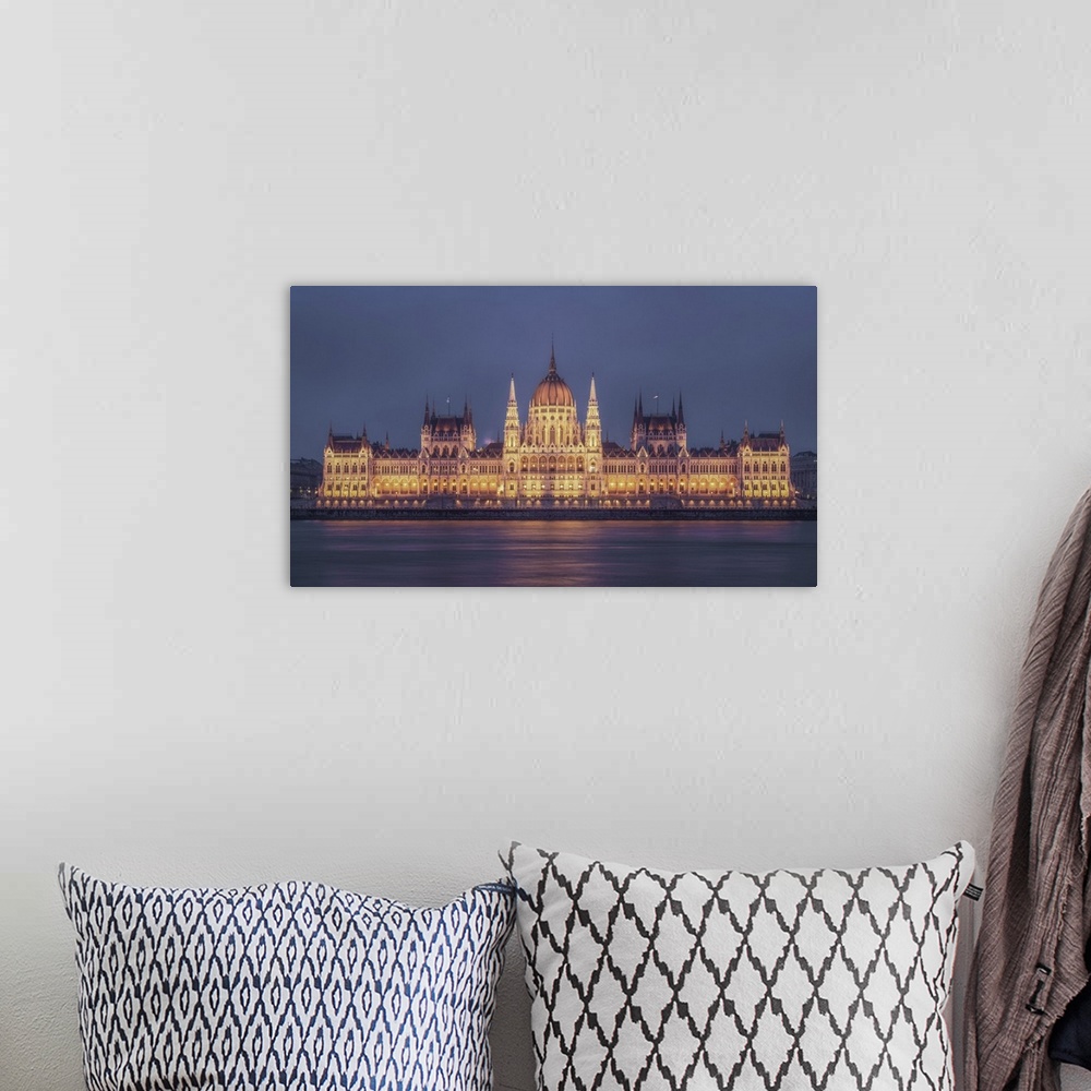 A bohemian room featuring Hungarian Parliament at twilight, Budapest, Hungary, Europe
