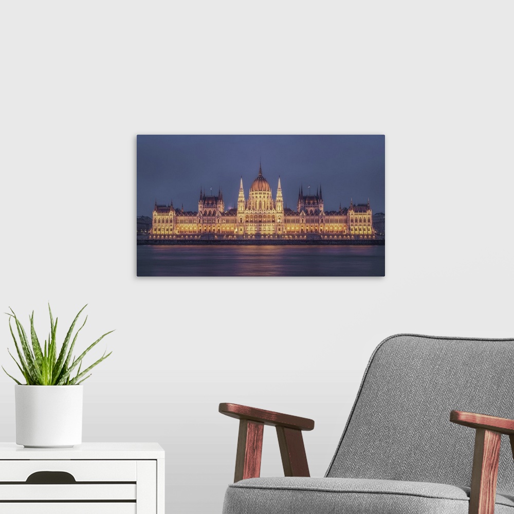 A modern room featuring Hungarian Parliament at twilight, Budapest, Hungary, Europe