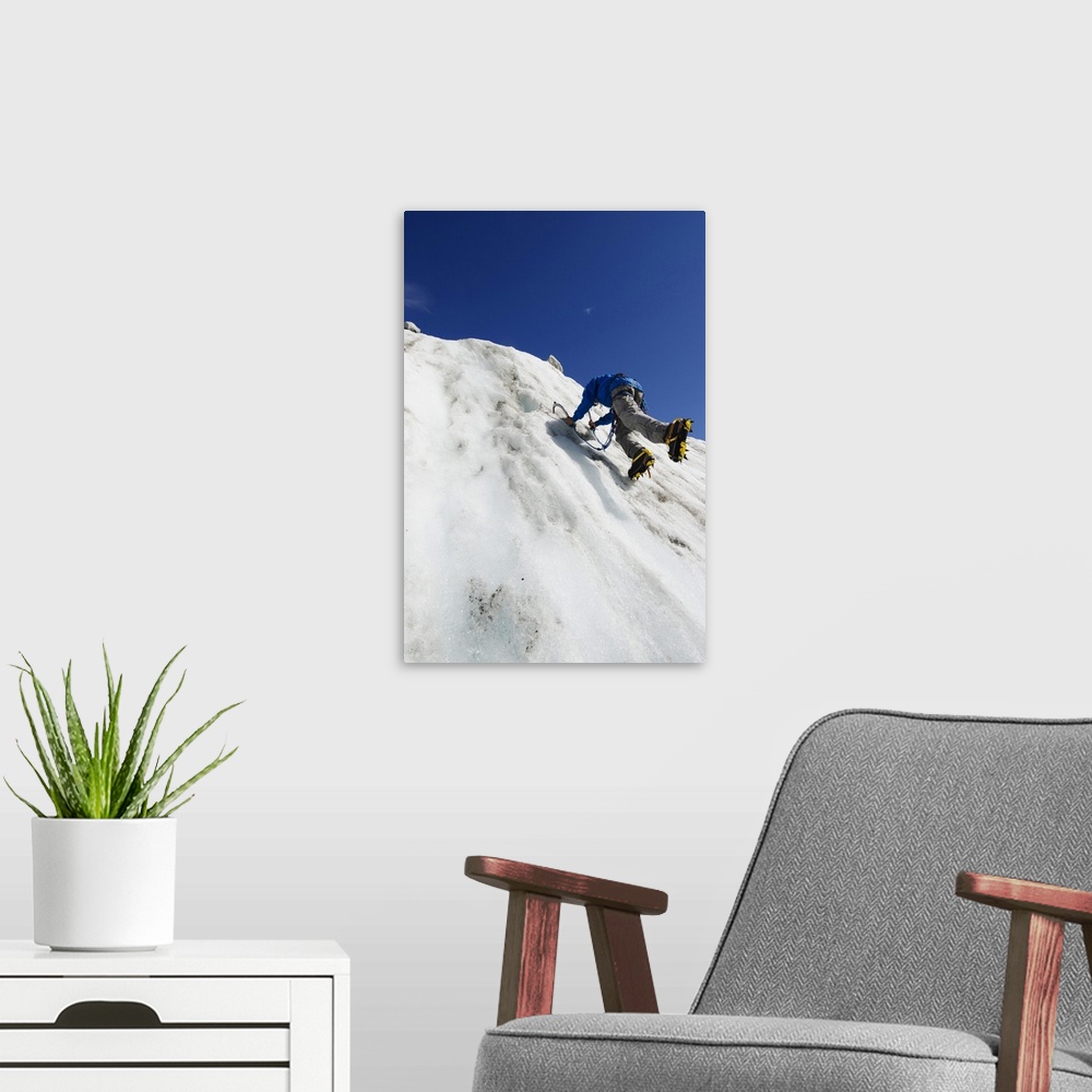 A modern room featuring Ice climber at Mer de Glace glacier, Chamonix, Haute-Savoie, French Alps, France, Europe