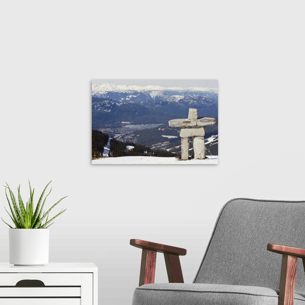 A modern room featuring Inuit Inukshuk stone statue, Whistler mountain resort, Canada
