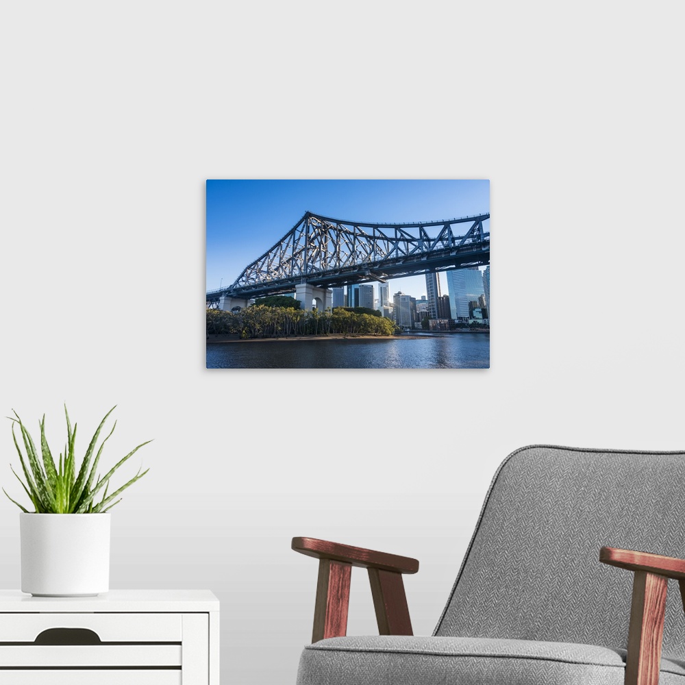 A modern room featuring Iron train bridge across Brisbane River, Brisbane, Queensland, Australia
