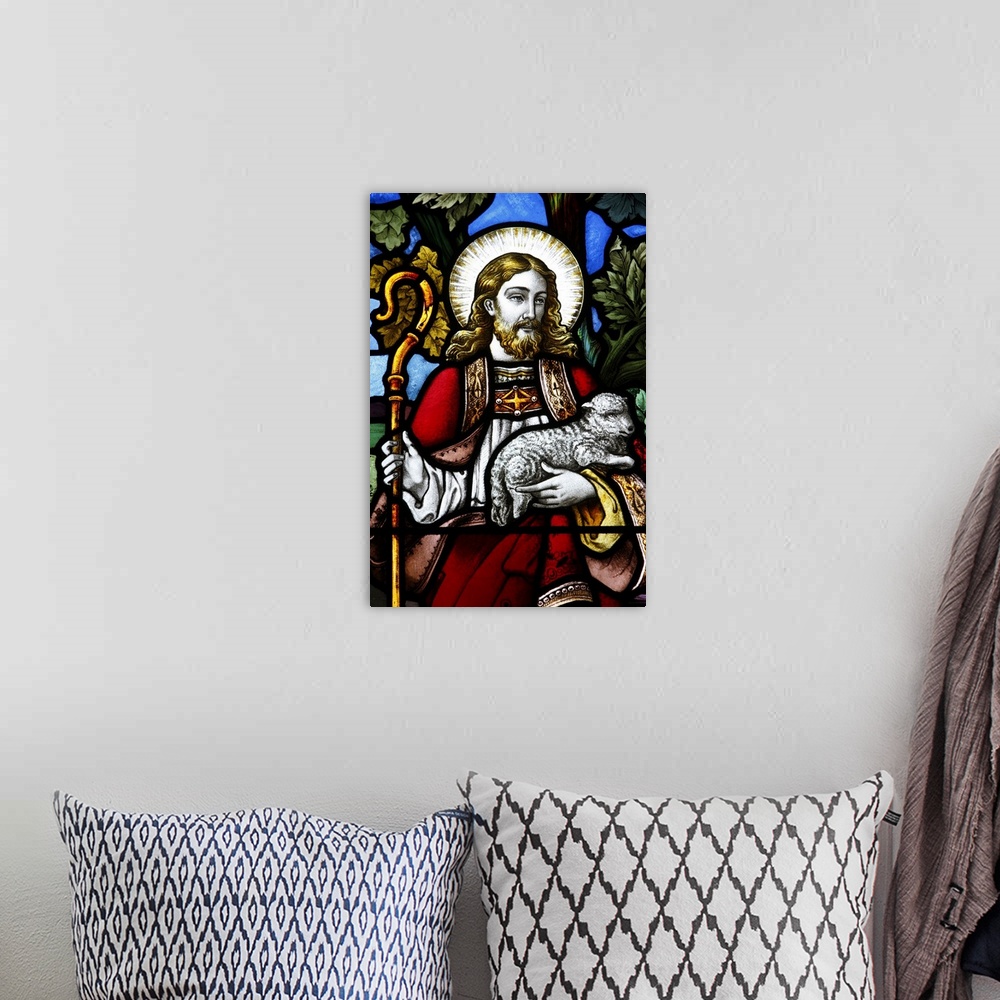 A bohemian room featuring Jesus the Good Shepherd, 19th century stained glass in St. John's Anglican church, Sydney, New So...