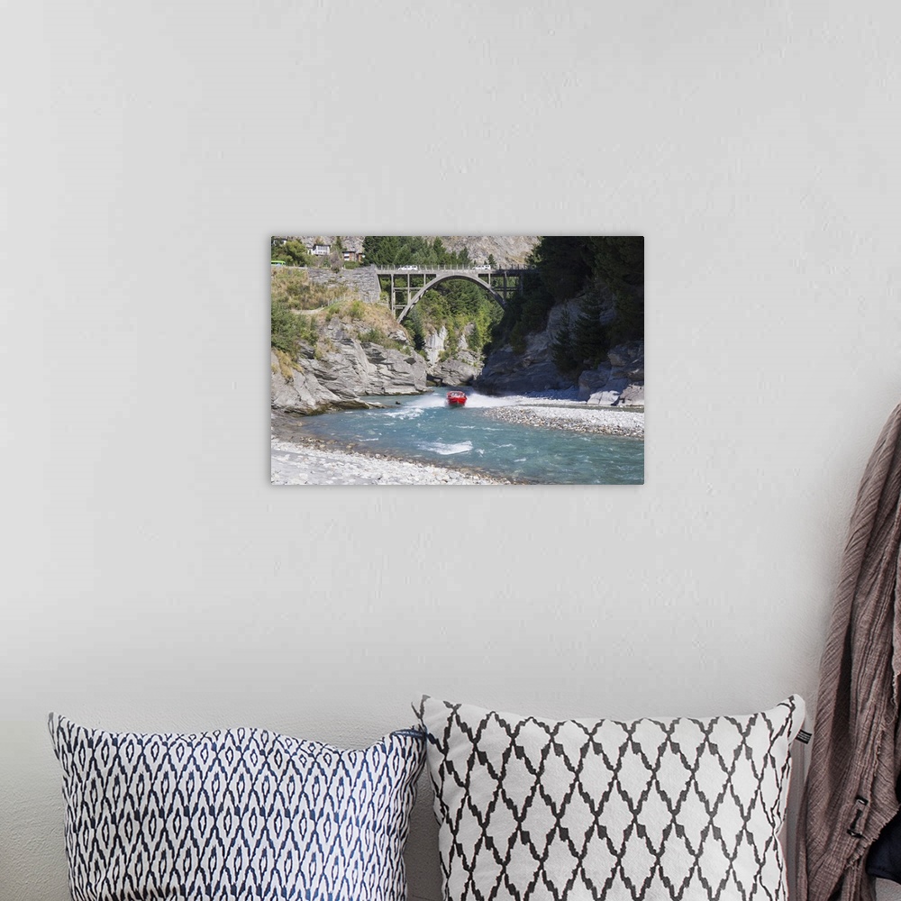 A bohemian room featuring Jet boat on the Shotover River below the Edith Cavell Bridge, Queenstown, Queenstown-Lakes distri...