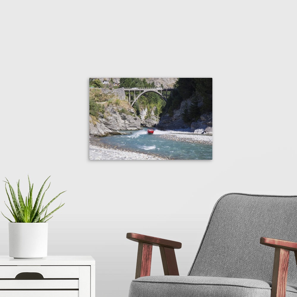 A modern room featuring Jet boat on the Shotover River below the Edith Cavell Bridge, Queenstown, Queenstown-Lakes distri...