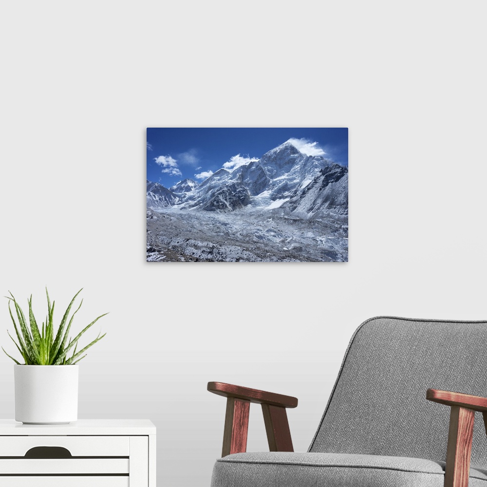 A modern room featuring Khumbu glacier with Changtse, Everest and Nuptse, Sagarmatha National Park, UNESCO World Heritage...