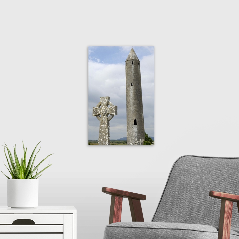 A modern room featuring Kilmacdaugh Round Tower and Celtic style cross, Connacht, Republic of Ireland