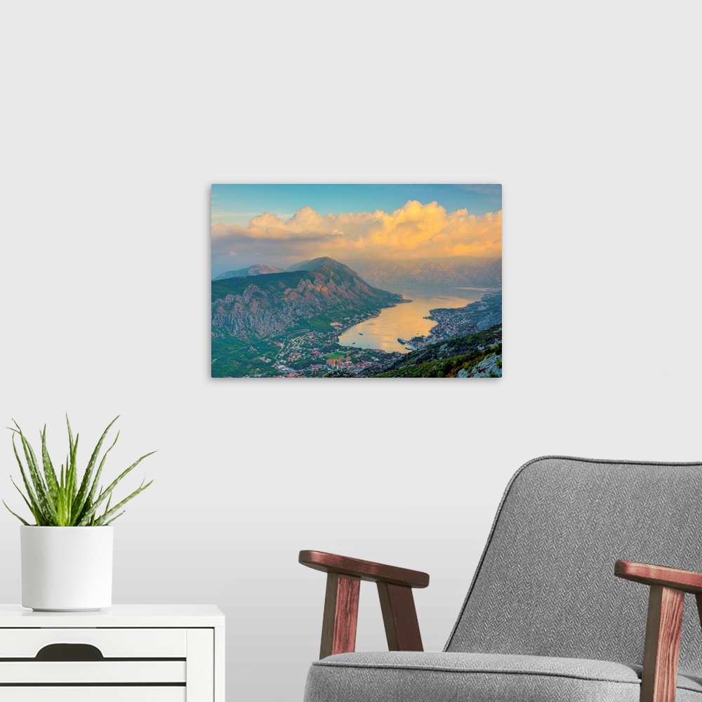 A modern room featuring Kotor town in foreground, Bay of Kotor, Montenegro, Europe