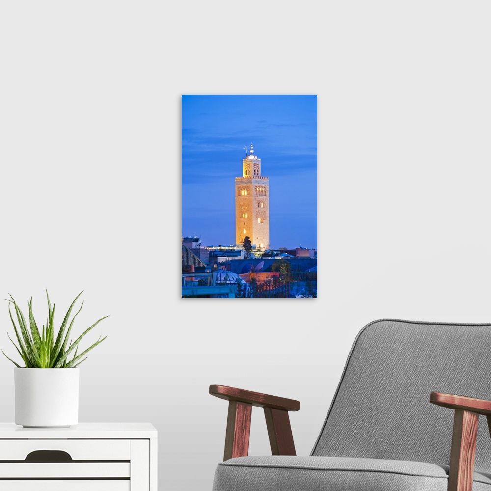 A modern room featuring Koutoubia Mosque minaret at night, Marrakech, Morocco, North Africa, Africa