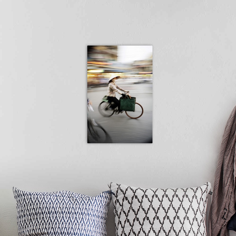 A bohemian room featuring Lady on bicycle with shopping, Hanoi, Vietnam, Indochina, Southeast Asia, Asia