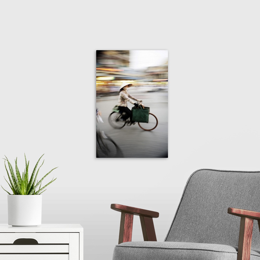 A modern room featuring Lady on bicycle with shopping, Hanoi, Vietnam, Indochina, Southeast Asia, Asia