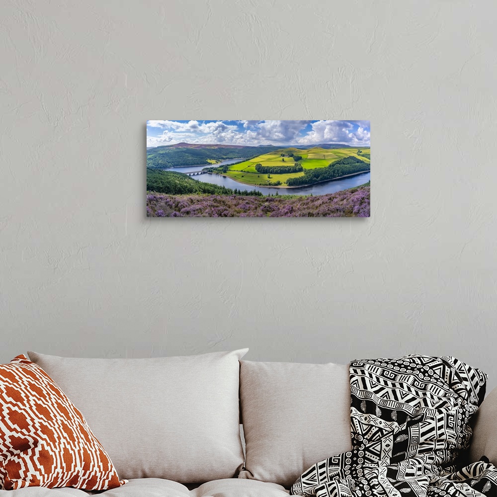 A bohemian room featuring View of Ladybower Reservoir and flowering purple heather, Peak District National Park, Derbyshire...