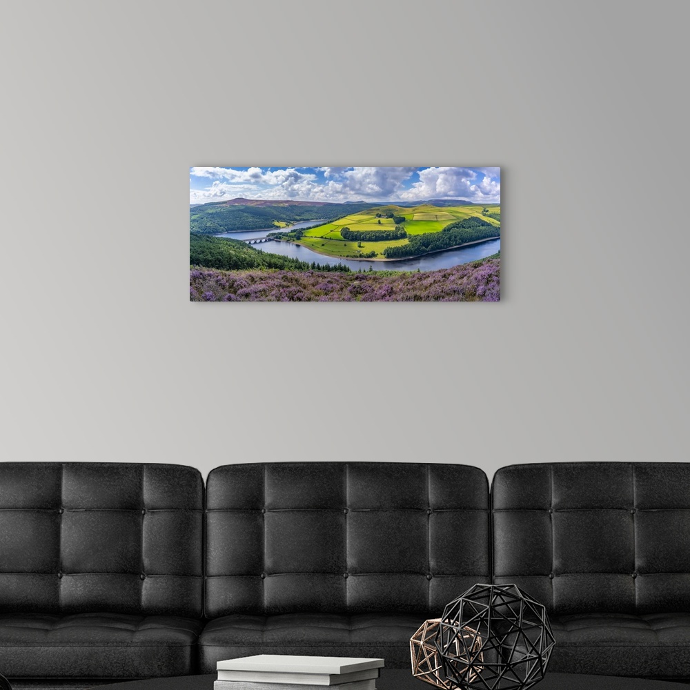 A modern room featuring View of Ladybower Reservoir and flowering purple heather, Peak District National Park, Derbyshire...
