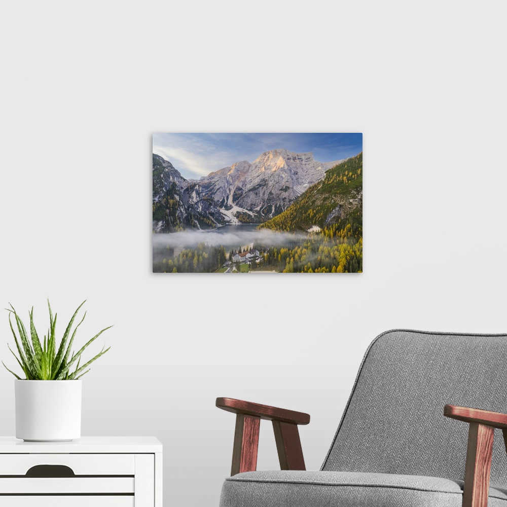 A modern room featuring Lago di Braies in the Italian Dolomites, Trento-Alto Adige, Italy, Europe