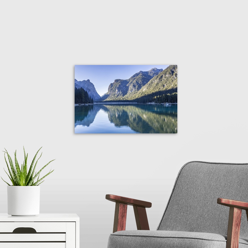 A modern room featuring Lago di Dobbiaco (Toblacher See) in the Italian Dolomites, South Tyrol, Italy, Europe