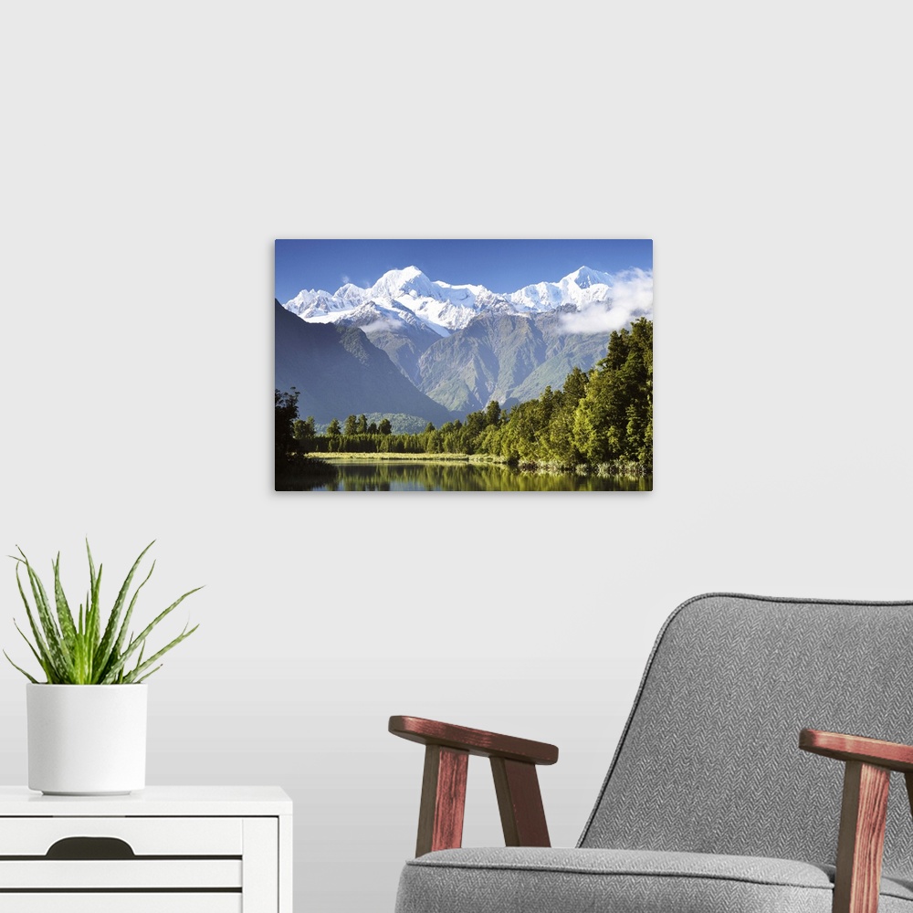 A modern room featuring Lake Matheson, Mount Tasman and Mount Cook, New Zealand
