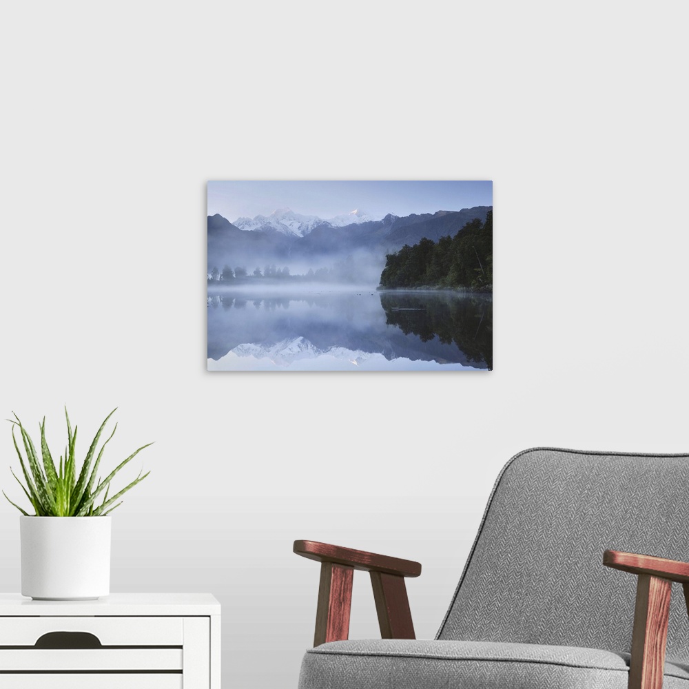 A modern room featuring Lake Matheson, Mount Tasman and Mount Cook, New Zealand