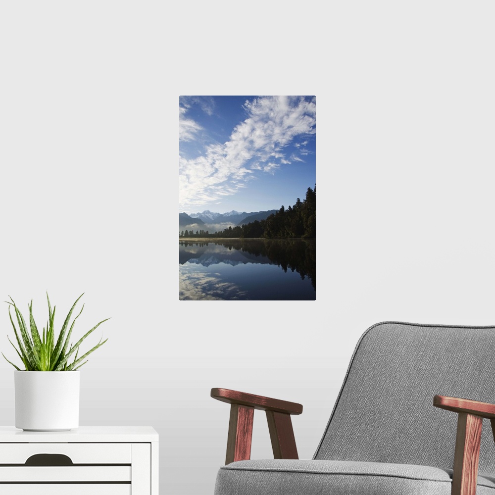 A modern room featuring Lake Matheson, Mount Tasmani, Southern Alps, South Island, New Zealand