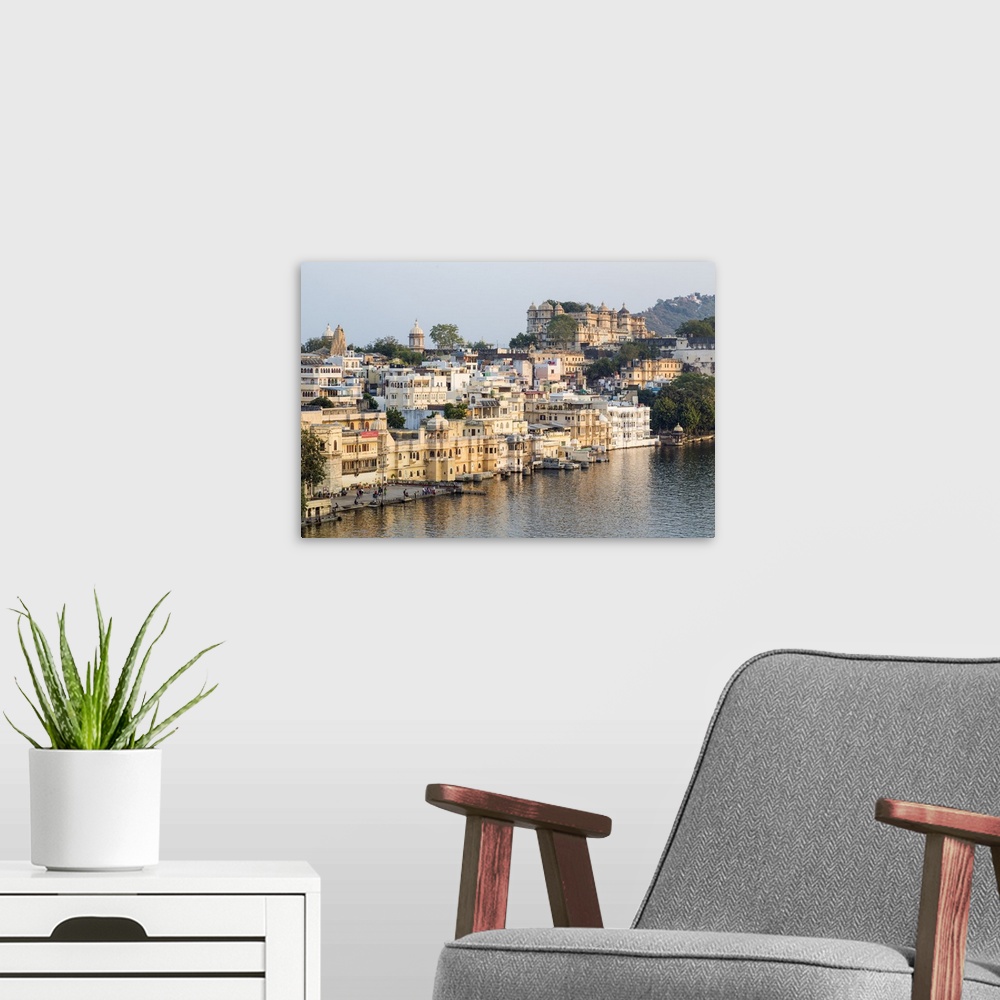 A modern room featuring Lake Pichola and the City Palace in Udaipur, Rajasthan, India, Asia