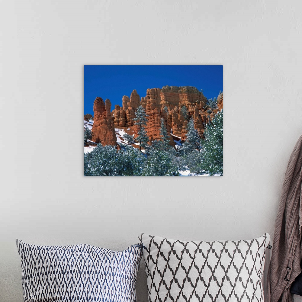 A bohemian room featuring Landscape with trees and cliffs of red rock formations, Red Canyon, Utah