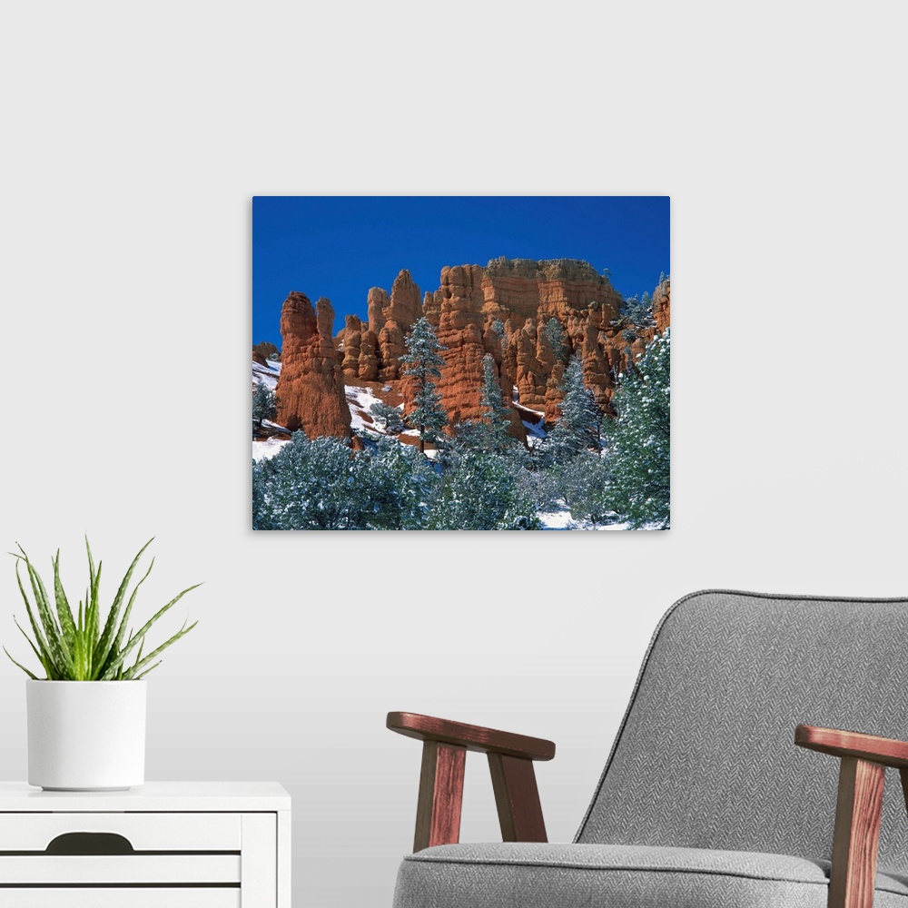 A modern room featuring Landscape with trees and cliffs of red rock formations, Red Canyon, Utah
