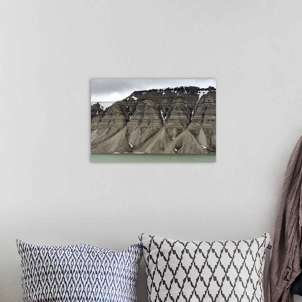 A bohemian room featuring Large alluvial fans along wall of Tempelfjorden, Spitsbergen, Svalbard, Arctic, Norway, Europe