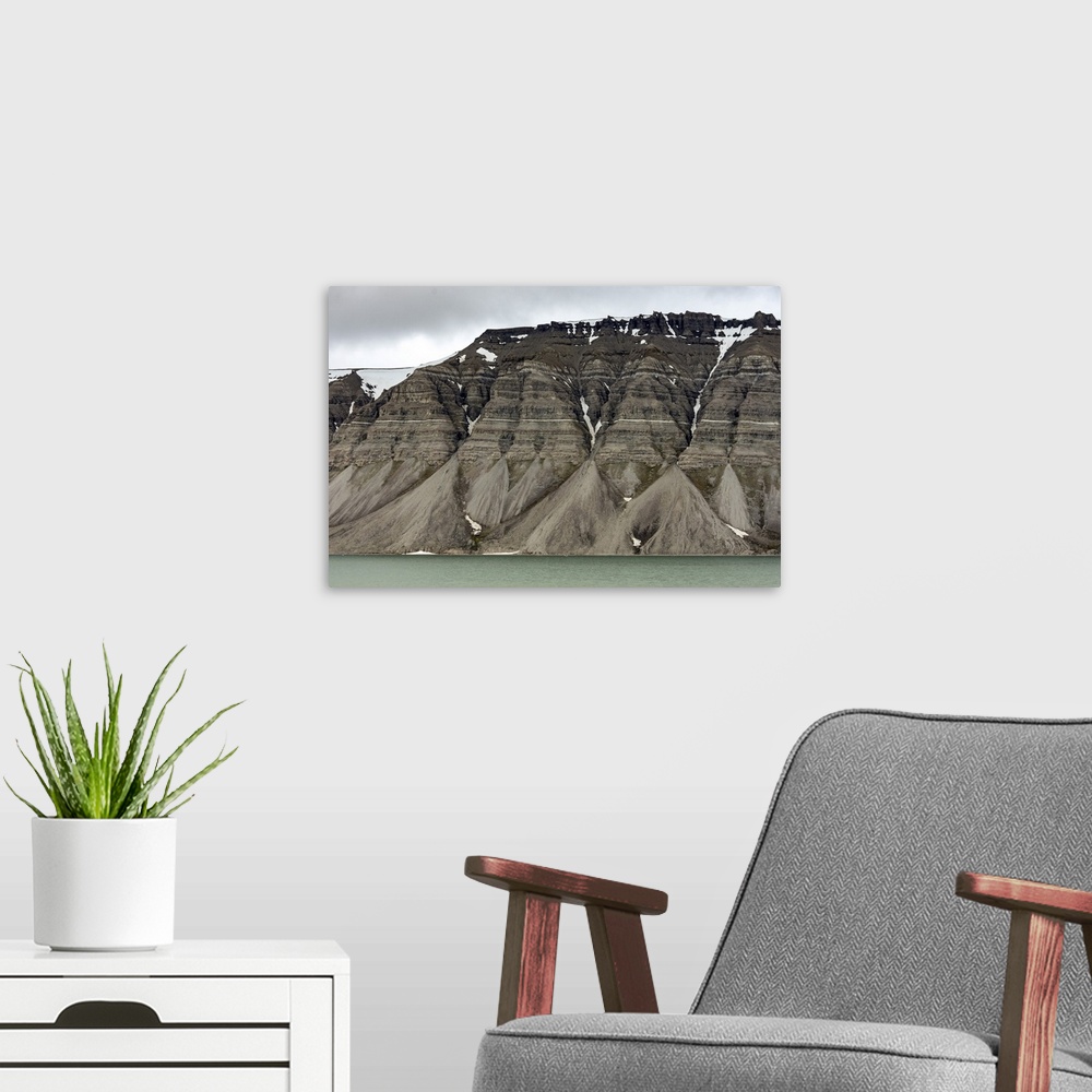 A modern room featuring Large alluvial fans along wall of Tempelfjorden, Spitsbergen, Svalbard, Arctic, Norway, Europe